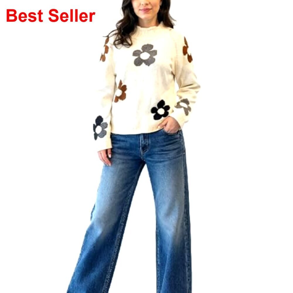 Oversized Chunky Knit Pullover Sweater Mock Neck Floral Print Fall - Picture 2 of 7